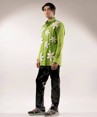 3d flower quilted green cotton shirt 3