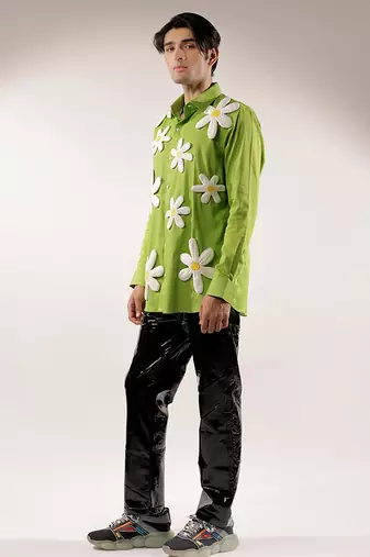 3d flower quilted green cotton shirt