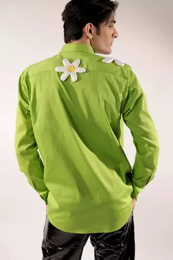 3d flower quilted green cotton shirt