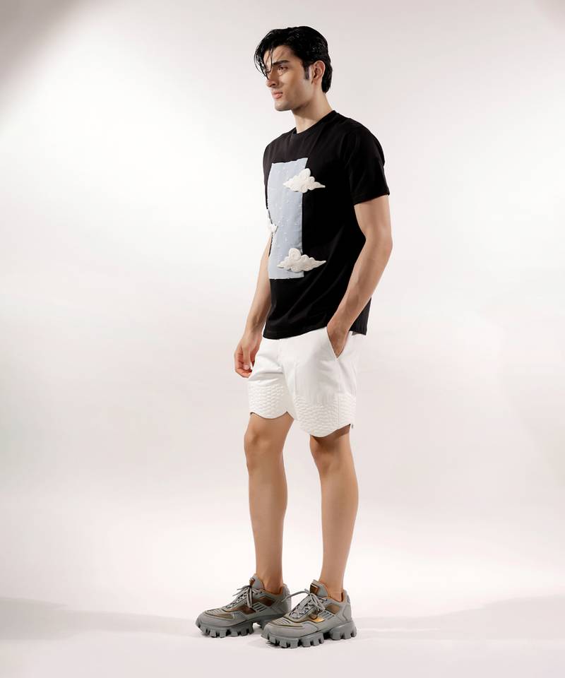 3d cloud patched black cotton t-shirt