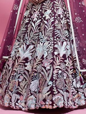 wine sequins net lehenga set choli with dupatta 5