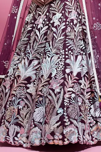 wine sequins net lehenga set choli with dupatta