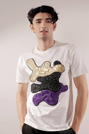 Abstract quilting patched white t-shirt