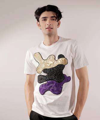 Abstract quilting patched white t-shirt 1