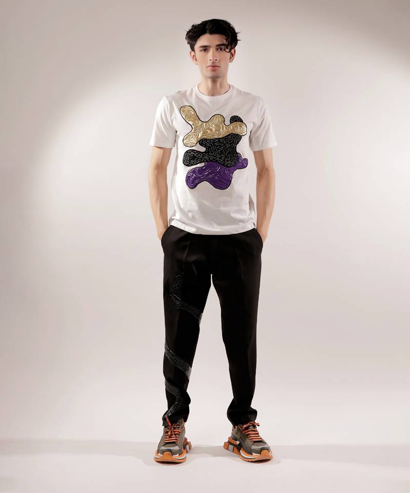Abstract quilting patched white t-shirt