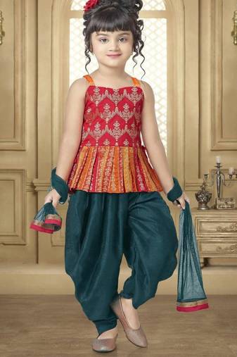 Red & Teal Vibrant Festive Kids Patiala Suit Ethnic Ensemble with Dupatta For Kids