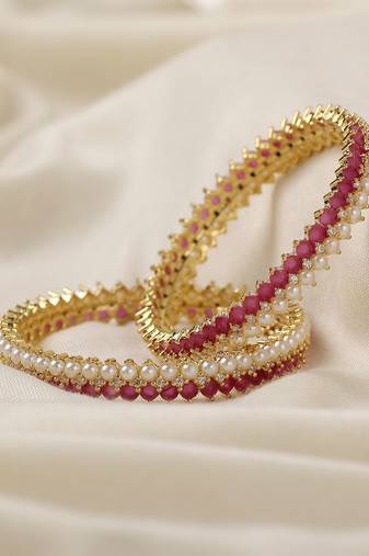 Radiant red ruby and pearl fusion golden 2 bangles size 2'5