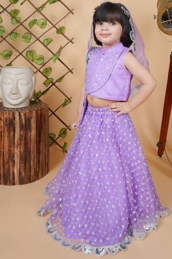 purple net lehenga choli set for girls