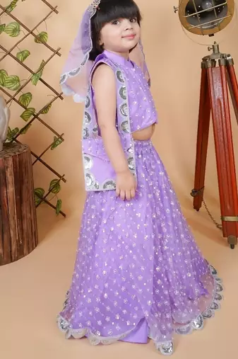 purple net lehenga choli set for girls