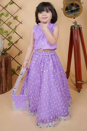 purple net lehenga choli set for girls