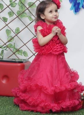 Red organza sleeveless gown for kids 1