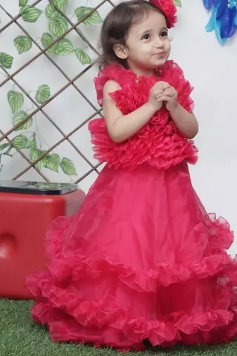 Red organza round neck sleeveless gown for kids