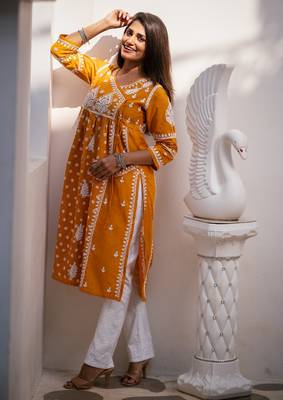 Traditional Chikankari Work Mustard Kurta for Women 1