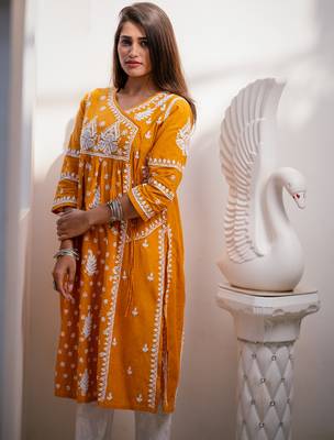 Traditional Chikankari Work Mustard Kurta for Women 2
