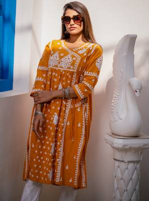 Traditional Chikankari Work Mustard Kurta for Women 3