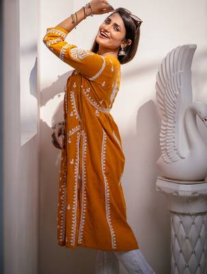 Traditional Chikankari Work Mustard Kurta for Women 4