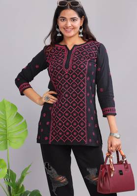 Black Chikankari cotton short kurta with Round neck  1