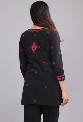 Black Chikankari cotton short kurta with Round neck  2