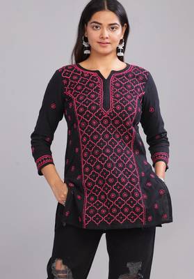 Black Chikankari cotton short kurta with Round neck  3