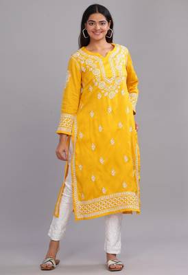 Traditional Chikankari Work Yellow Kurta for Women 1