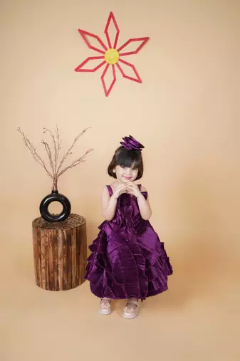 Purple Satin Fabric Short sleeve Dress with Hair Clip for kids