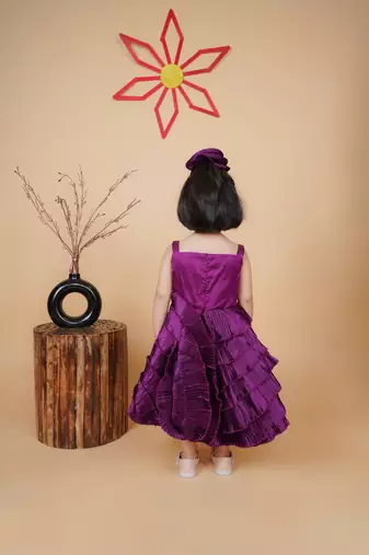 Purple Satin Fabric ruffle Dress with Hair Clip 