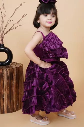 Purple Satin Fabric ruffle Dress with Hair Clip 