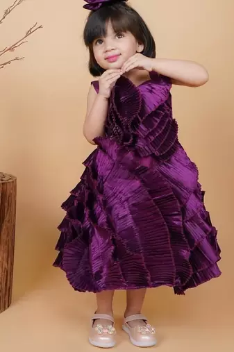 Purple Satin Fabric ruffle Dress with Hair Clip 