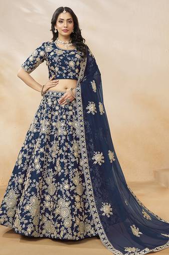 Blue Embroidered Zari Sequins Art Silk Lehenga