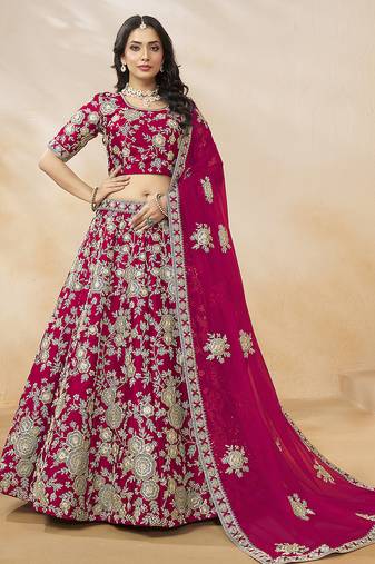 Rani-Pink Embroidered Zari Sequins Art Silk Lehenga
