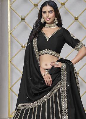 Black Embroidered Zari Sequins Art Silk Lehenga 1