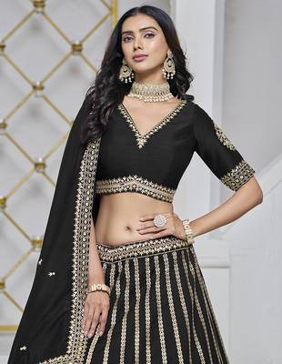 Black Embroidered Zari Sequins Art Silk Lehenga 4
