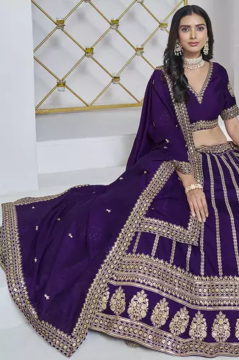 Purple Embroidered Zari Sequins Art Silk Lehenga