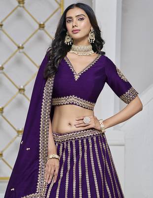 Purple Embroidered Zari Sequins Art Silk Lehenga 4
