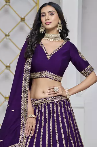 Purple Embroidered Zari Sequins Art Silk Lehenga
