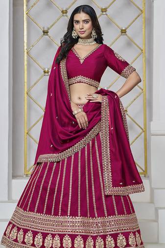 Rani Pink Embroidered Zari Sequins Art Silk Lehenga