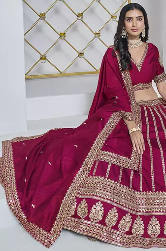 Rani Pink Embroidered Zari Sequins Art Silk Lehenga