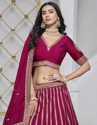 Rani Pink Embroidered Zari Sequins Art Silk Lehenga 4