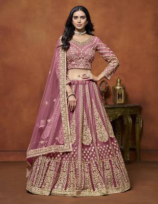 Dusty Pink Embroidered Zari Sequins Coading Net Lehenga 1