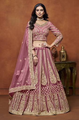 Dusty Pink Embroidered Zari Sequins Coading Net Lehenga