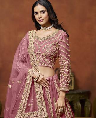Dusty Pink Embroidered Zari Sequins Coading Net Lehenga 4