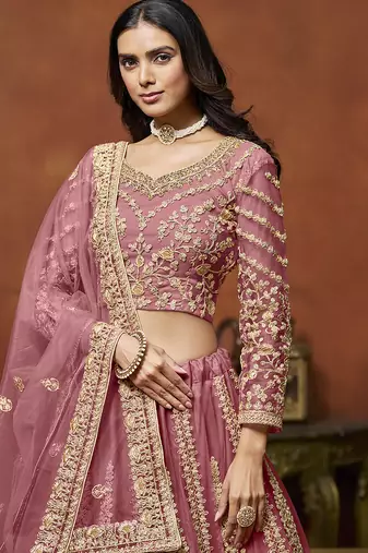 Dusty Pink Embroidered Zari Sequins Coading Net Lehenga