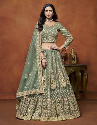Pista Green Embroidered Zari Sequins Coading Net Lehenga 1