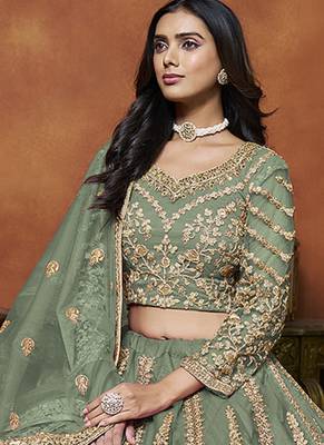 Pista Green Embroidered Zari Sequins Coading Net Lehenga 2