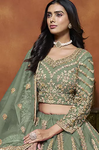 Pista Green Embroidered Zari Sequins Coading Net Lehenga