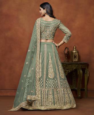 Pista Green Embroidered Zari Sequins Coading Net Lehenga 3