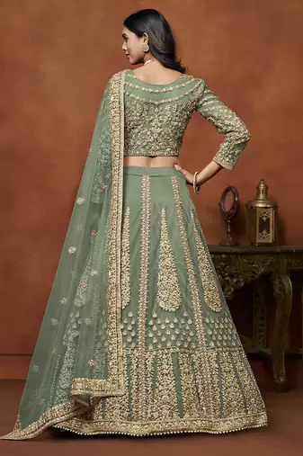 Pista Green Embroidered Zari Sequins Coading Net Lehenga