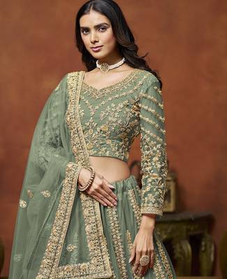 Pista Green Embroidered Zari Sequins Coading Net Lehenga 4