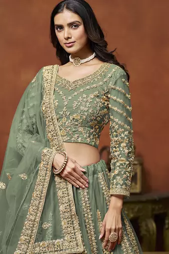 Pista Green Embroidered Zari Sequins Coading Net Lehenga