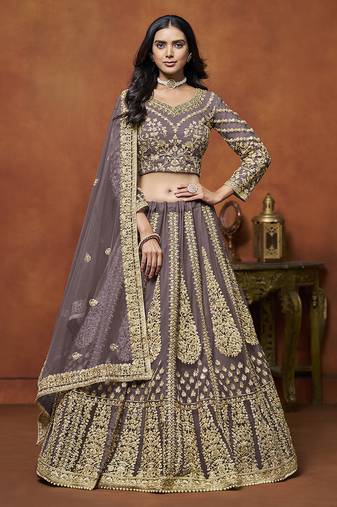 Light Purple Embroidered Zari Sequins Coading Net Lehenga